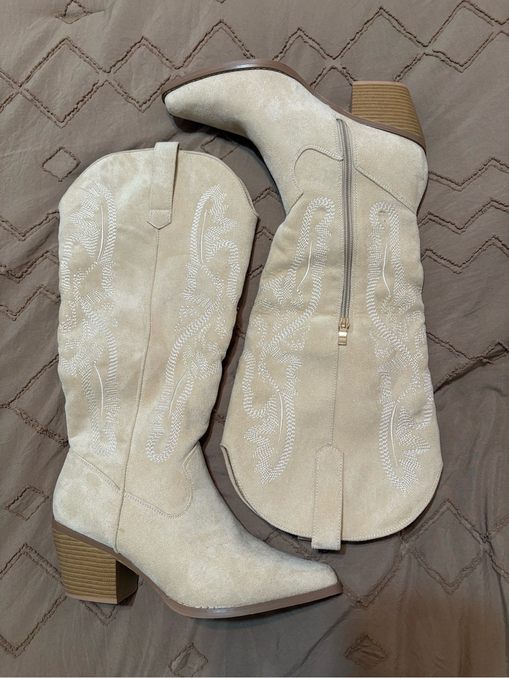 Suede Western Knee-High Boots in Cream